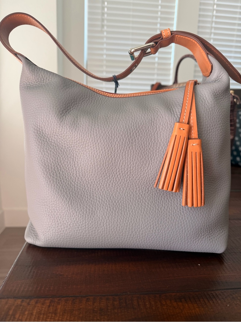 Dooney & Bourke Pebble Leather Hobo Bag - Light Gray with Tan Trim - Picture 2 of 2
